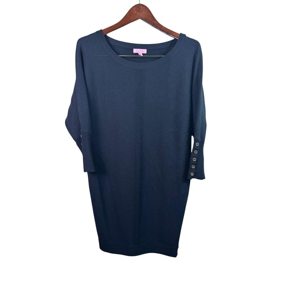 Lily Pulitzer Small Black MerinoWool Sweater Dress 3/4 Sleeves with Gold Buttons